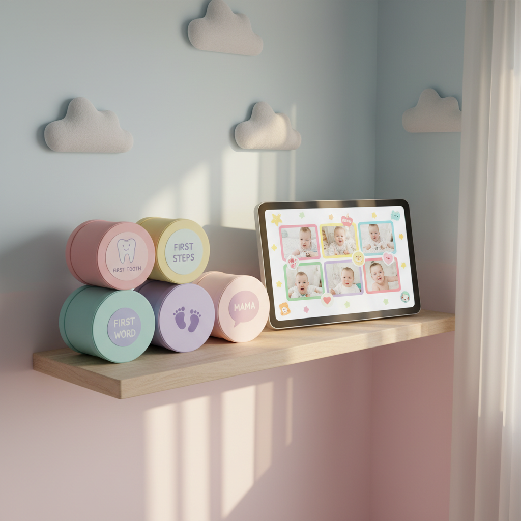 A cozy nursery corner centered on a light birch shelf neatly arranged with bright, rounded memory boxes labeled with playful icons like a first tooth, first steps, and first word. A sleek digital photo frame with a glowing, high-resolution display shows a collage of baby milestone photos with colorful borders and whimsical stickers. The shelf sits against a soft, pastel gradient wall with floating, cloud-shaped decor. Warm, diffused afternoon light from an unseen window bathes the scene, creating gentle, rounded shadows. The mood is sentimental yet energetic, captured in photographic realism from a slightly elevated angle using the rule of thirds. The vibrant colors and clean lines evoke a modern parenting app brought into the physical world, emphasizing the joy of organizing and revisiting memories.