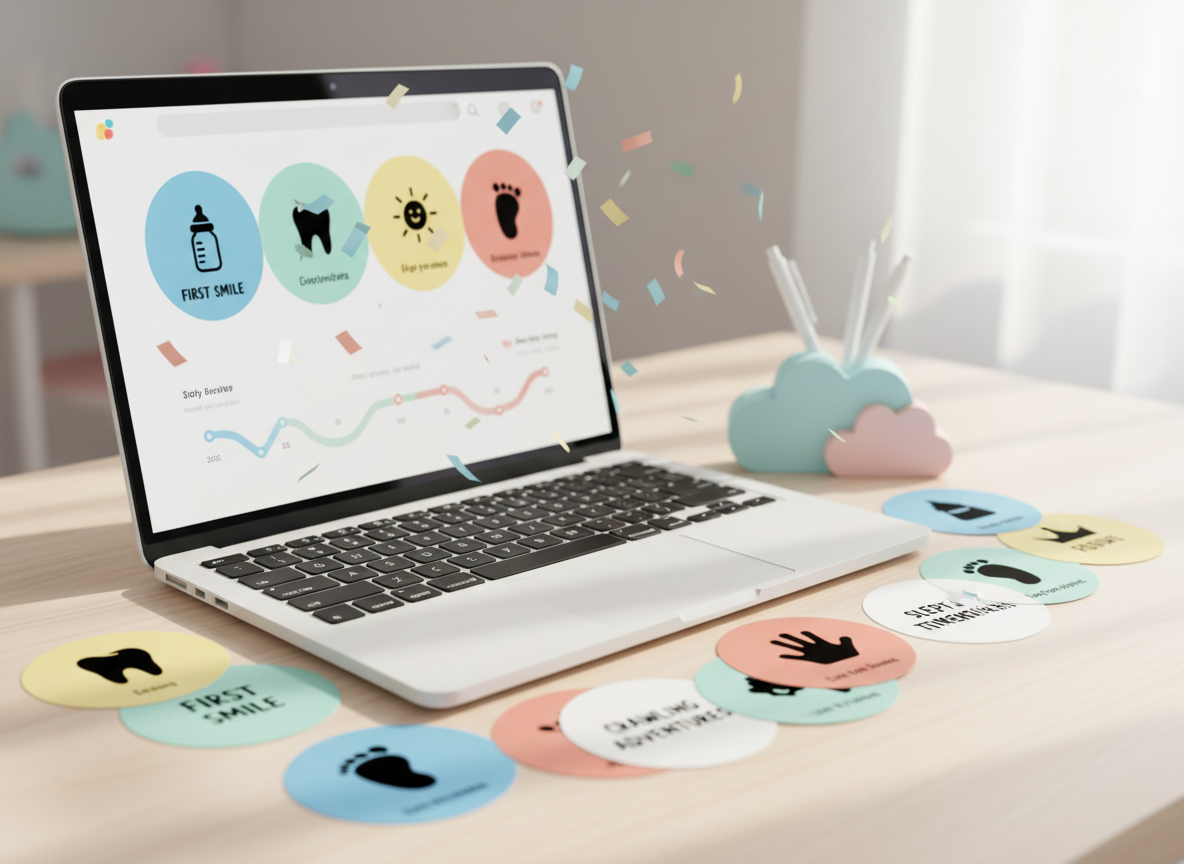 A bright, modern desk setup featuring a slim white laptop open to a dashboard-style interface of a parenting app, with large rounded milestone cards in playful colors, a progress timeline, and celebratory confetti animations frozen mid-motion on the screen. Around the laptop lie scattered printed milestone cards, each with bold icons and handwritten-style fonts, along with a small, pastel-colored cloud-shaped pen holder. Sunlight pours in from the right, reflecting softly off the laptop’s metallic edges and creating a lively pattern of light on the clean, pale wooden surface. Photographic realism, shot at an eye-level angle with shallow depth of field, keeps the laptop screen crisp while the background blurs into a gentle mix of pastel tones. The atmosphere feels energetic, organized, and inspiring, ideal for showcasing how easily parents can capture their child’s first days.