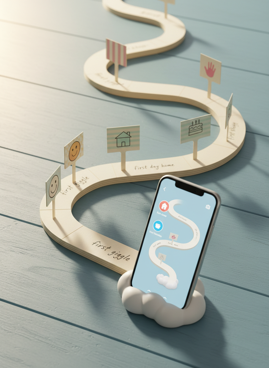 A bright, whimsical scene of an oversized, rounded timeline winding playfully across a pastel blue tabletop, represented by a curved strip of thick paper with colorful milestone markers popping up like 3D tabs. Each marker has a tiny icon and handwritten label such as “first giggle” or “first day home.” At the front, a sleek smartphone stands upright in a small cloud-shaped stand, its screen mirroring the same timeline in a clean, digital interface. Sunlight streams from the upper left, creating lively highlights on glossy surfaces and soft shadows from the raised tabs. Photographic realism, captured from a low, slightly tilted angle that makes the paper timeline feel almost like a miniature roller coaster track. The mood is imaginative and energetic, visually conveying the journey of early childhood memories within a playful parenting app concept.