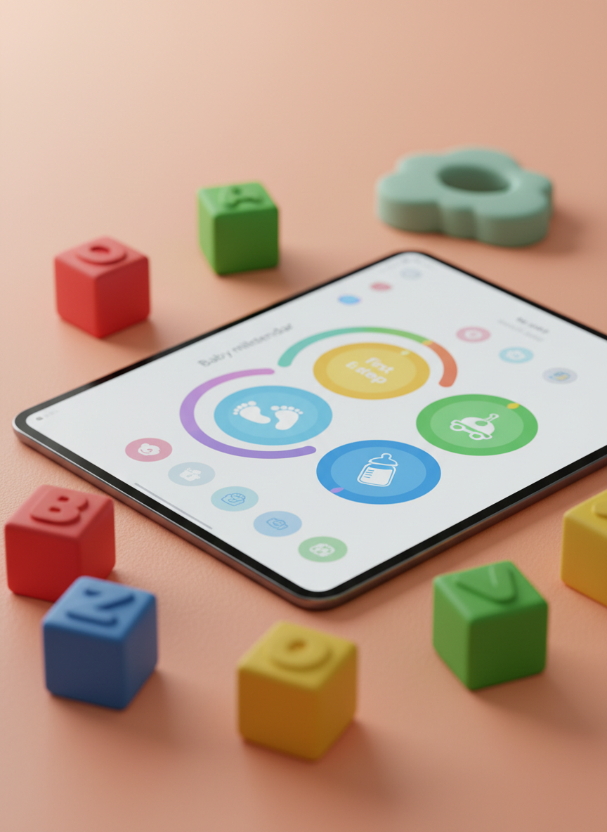 A close-up, slightly angled shot of a tablet lying on a pastel coral surface, displaying a vibrant baby milestone calendar with large circular date markers, playful icons, and colorful progress arcs. Around the tablet are scattered chunky, rubbery alphabet blocks in bright, saturated hues and rounded shapes, along with a soft, cloud-shaped silicone teether. Soft studio lighting from above creates an even, gentle illumination with subtle reflections on the tablet screen and delicate shadows under each object, emphasizing their smooth, touchable textures. The background subtly shifts in a gradient from coral to peach, reinforcing the playful personality. Photographic realism with a shallow depth of field keeps the tablet interface in sharp focus while the outer edges of the props blur slightly. The scene feels dynamic and fun, emphasizing how delightful it is to track a child’s firsts.
