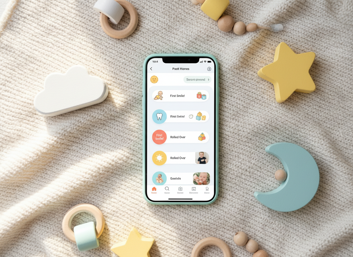 A playful flat-lay of a pastel mint smartphone displaying a clean, modern parenting app timeline filled with tiny illustrated baby milestones, colorful badges, and photo thumbnails with rounded corners. The phone rests on a buttery-soft cream blanket scattered with whimsical wooden toys shaped like clouds, stars, and moons in bright but gentle colors. Soft morning light from the left creates subtle highlights on the phone’s glossy screen and gentle shadows under the toys, emphasizing their rounded forms. The atmosphere feels joyful and optimistic, with a photographic realism style. Shot from a bird’s eye view with sharp focus across the scene, the composition uses energetic diagonals of toys and props leading the eye toward the phone, suggesting an inviting space to record and cherish a child’s firsts.