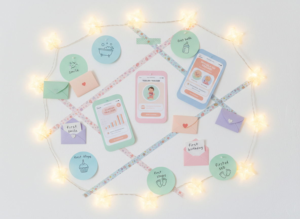 An overhead view of a whimsical memory board on a white wall, filled with rounded pastel sticky notes, miniature envelopes, and tiny illustrated icons representing baby milestones such as first smile, first bath, and first birthday. Interwoven between them are printed app screenshots with curved edges, showcasing a playful, colorful interface. A string of soft, star-shaped LED lights frames the board, casting a warm, diffused glow and producing gentle, curved shadows that enhance the rounded aesthetic. The composition is energetic yet balanced, with diagonal ribbons and washi tapes guiding the eye across the board. Captured in photographic realism with moderate depth of field so that every note and detail is crisp, the mood is celebratory and imaginative, mirroring a digital parenting app translated into a tactile, joyful planning space.